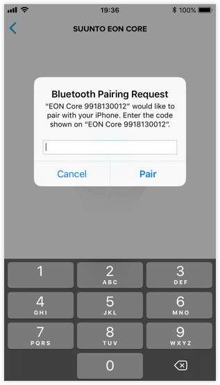 PIN-Benachrichtigung beim Verbinden des EON Steel und Core mit der Suunto App für iOS.