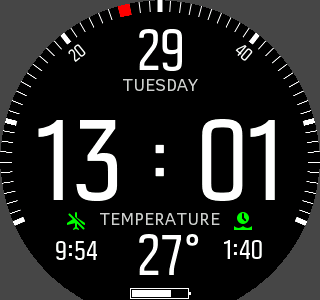 Tempo di non volo e intervallo di superficie di Suunto D5 nella modalità di visualizzazione dell'ora