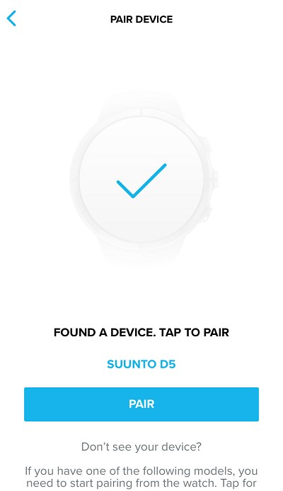 Wählen Sie den Suunto D5 zum Verbinden mit der Suunto App für iOS.